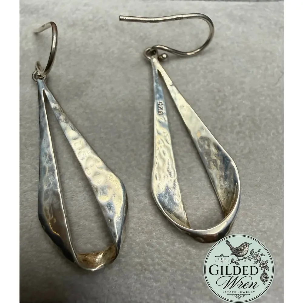 925 Sterling Silver Hammered Teardrop Ribbon Dangle Earrings 2.3” 4.54g